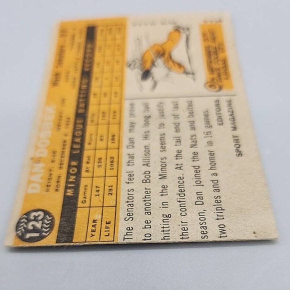 Dan Dobbek 1960 Topps #123 Rookie Star Washington Senators Baseball Card - Picture 6 of 6